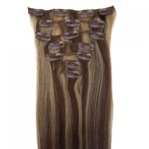 18" Brown/Blonde(#4/27) 7pcs Clip In Human Hair Extensions