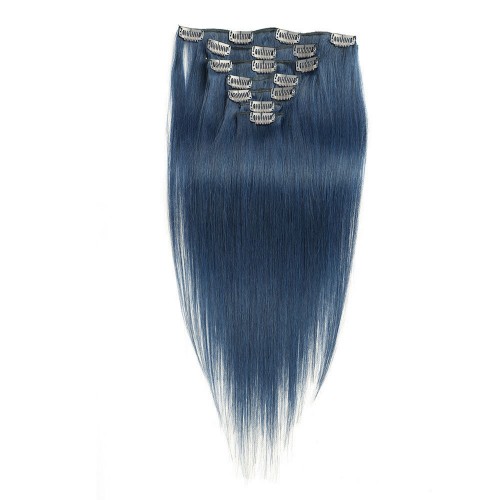 22" Blue 7pcs Clip In Human Hair Extensions