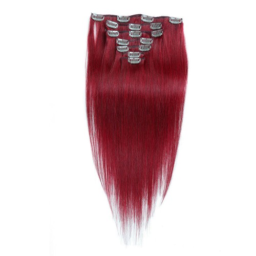 22" Red 7pcs Clip In Human Hair Extensions