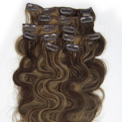 18" Brown/Blonde(#4/27) 7pcs Clip In Remy Human Hair Extensions
