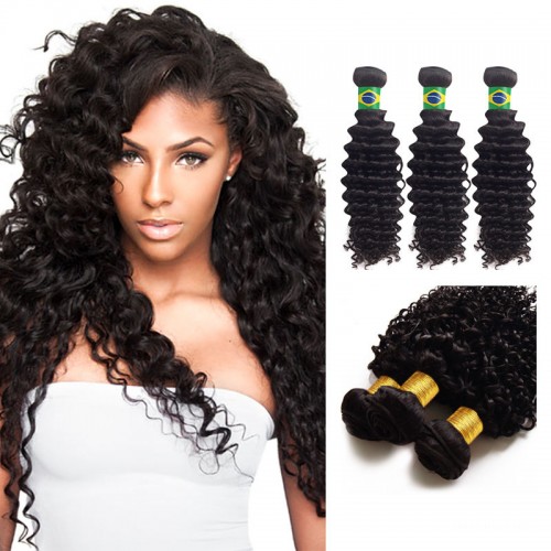 14 Inches*3 Deep Curly Natural Black Virgin Brazilian Hair