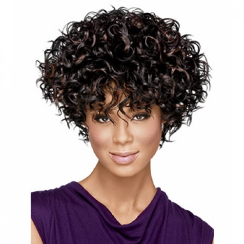 Short curly black brown highlight wig