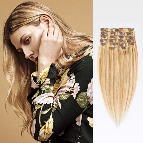 14" Blonde Highlight(#27/613) 7pcs Clip In Remy Human Hair Extensions