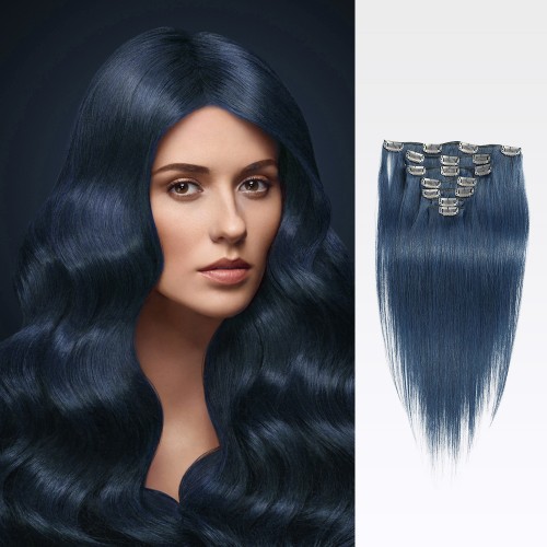 16" Blue 7pcs Clip In Remy Human Hair Extensions