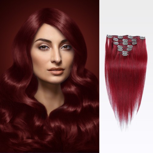 18" Red 7pcs Clip In Human Hair Extensions
