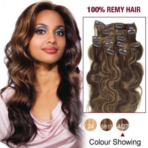 16" Brown/Blonde(#4/27) 7pcs Clip In Remy Human Hair Extensions