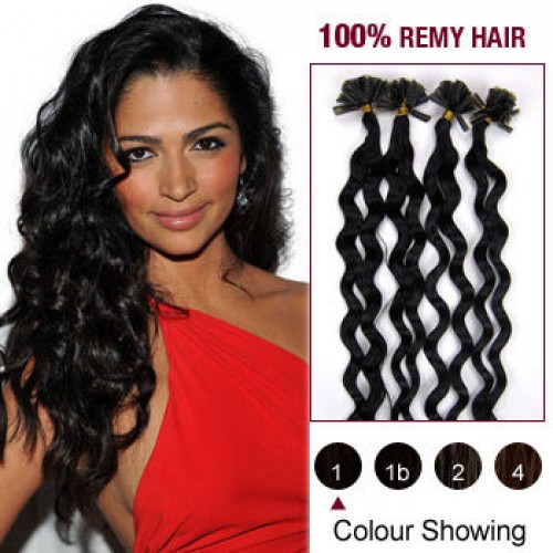 20" Jet Black(#1) 100S Curly Nail Tip Remy Human Hair Extensions