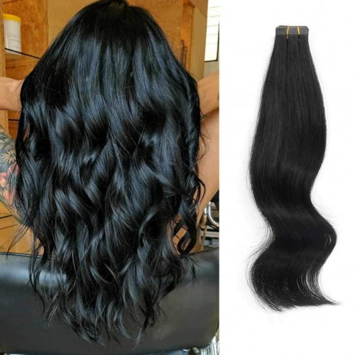 22" Jet Black(#1) 20pcs Tape In Remy Human Hair Extensions