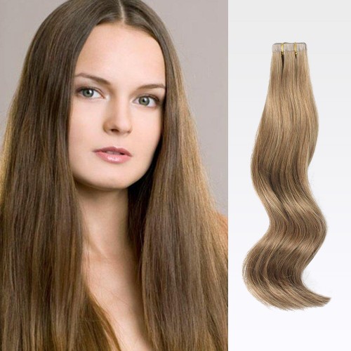 22" Ash Brown(#8) 20pcs Tape In Remy Human Hair Extensions